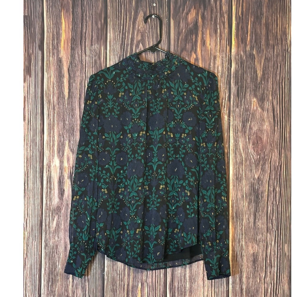Ann Taylor Blouse Womens M Navy Green Floral Metallic Fil Coupe Mock Neck Top